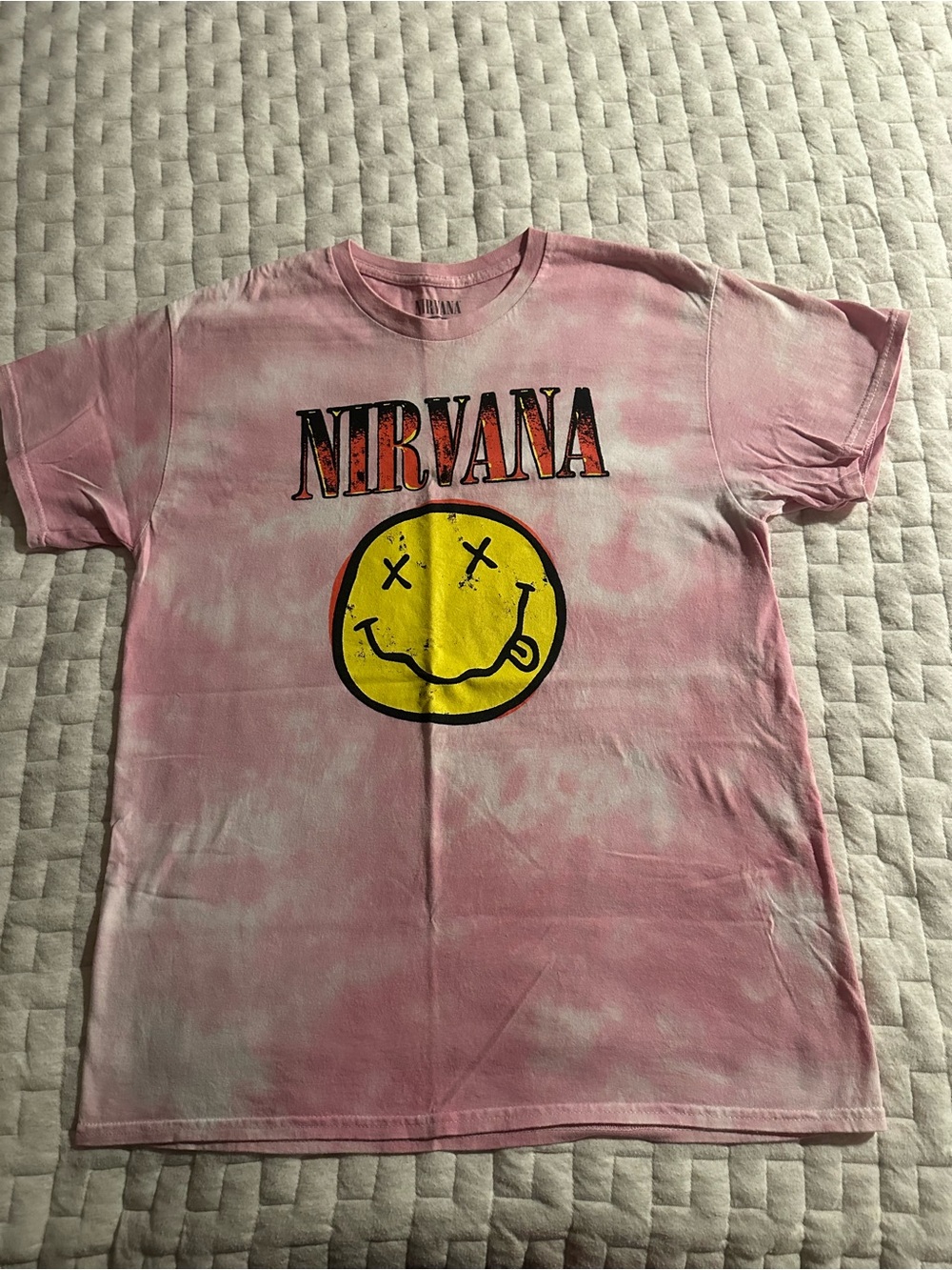Nirvana Smiley Face Pink Tie Dye T Shirt Size Large Grunge Band Tee 100% Cotton
